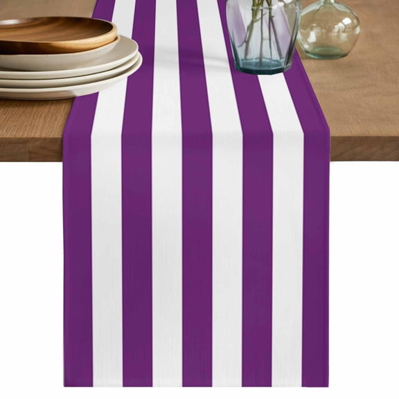 Purple Stripes Table Runner, Simple Purple White Texture Washable Cotton Linen Table Runners 60 Inches Long, Dresser Scarf Runner for Coffee/TV Stands/Kitchen/Cabinets 13''x60''