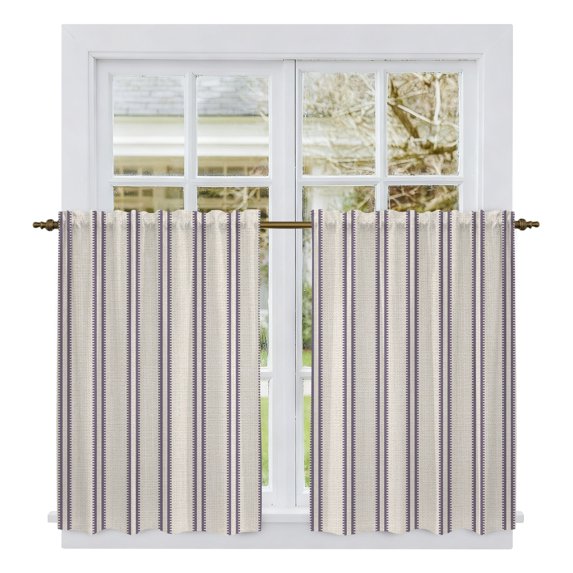 Purple Stripes Tier Curtains 54 Inch Length, Farmhouse Brown Vintage Rustic Lines Cafe Short Curtains for Bathroom Over Sink, Small Kitchen Curtain Light Filtering Tiered Drapes 2 Panels 27.5"Wx54"L