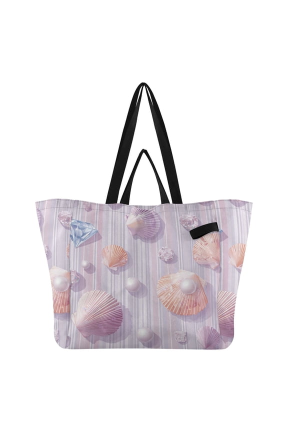Purple Stripes with Gems Shells Pearls Foldable Canvas Tote Bags Reusable Grocery Bags Laundry Bags Beach Bag 32L
