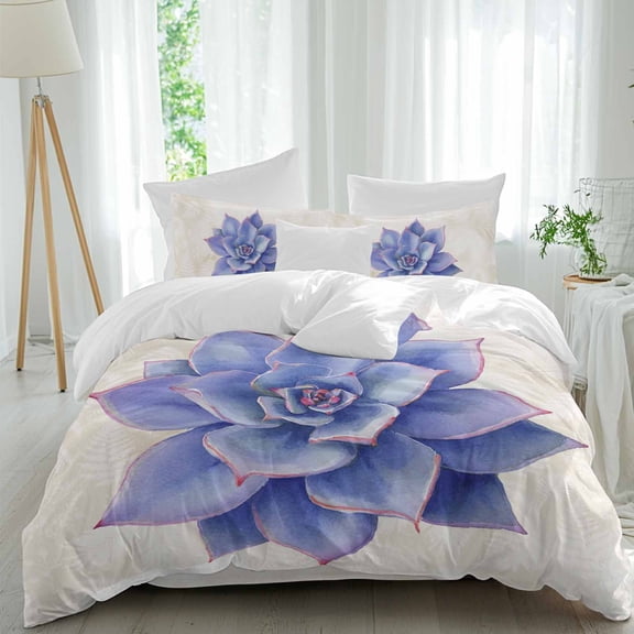 Purple Succulent Queen Size Comforter Set, Green Leaves Ferns Plants Watercolor Bedding for All Seasons, 4 Pcs Bed Set, 1Quiltcover (90"x92") ,1Sheet(94"x116"), 2Pillowcases (30"x20")