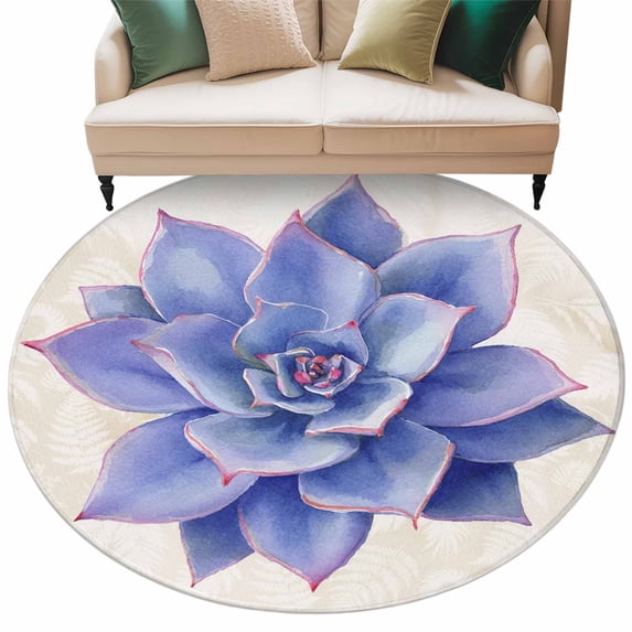 Purple Succulent Washable Area Rug 5 ft Green Leaves Ferns Plants Watercolor Soft Round Rugs for Living Room, Non Slip Carpet for Bedroom Entryway Dining Room