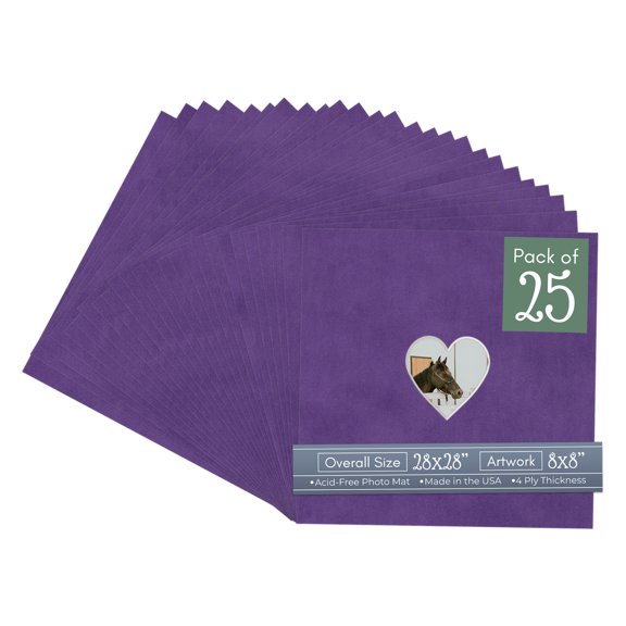 Purple Suede Picture Frame Mat for 28x28 Frames - Heart Opening for 8x8 Photos - 25 Mats