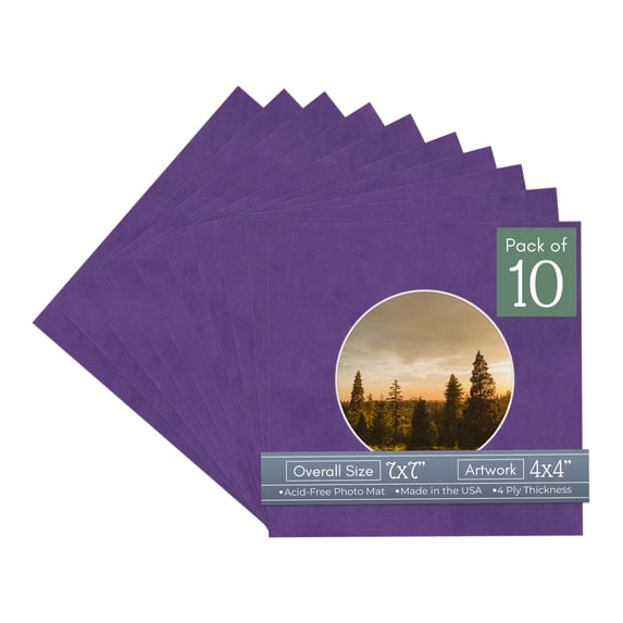 Purple Suede Picture Frame Mat for 7x7 Frames - Circle Opening for 4x4 Photos - 10 Mats