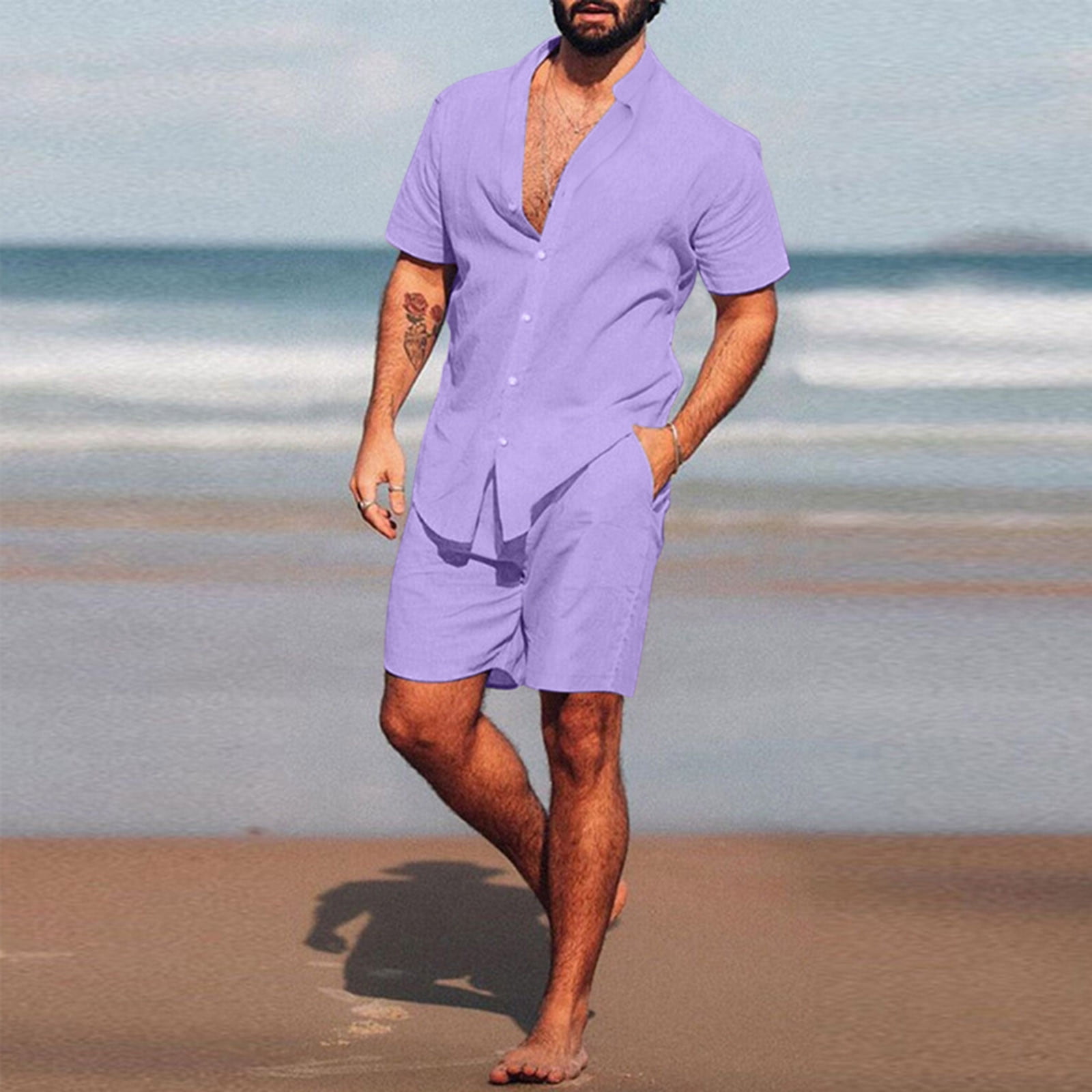 Purple Suits Men Stand Collar Short Sleeve Solid Casual Fashion