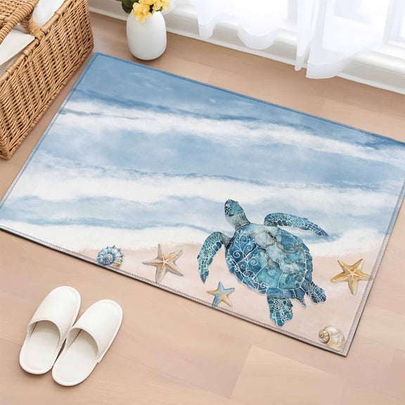 Purple Summer Beach Entryway Rug 2'x3' Non Slip Front Door Mats, Coastal Waves Ocean Starfish Conch Entrance Rugs Indoor Outdoor Carpet, Washable Floor Mats Small Area Rug for Bedroom Kitchen