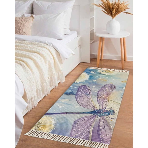 Purple Summer Dragonfly Hallway Runner Rug 2x6ft,Spring Floral Watercolor Washable Woven Living Room Bedroom Kitchen Bathrom Carpet with Tassels,Indoor Outdoor Throw Door Mat for Entryway