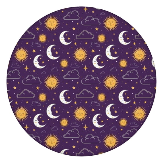 Purple Sun Moon Cloud Star Pattern Round Fitted Tablecloth with Elastic Edge,Dining Table Cover Waterproof,Outdoor Round Tablecloth for Camping,Dining,Indoor and Outdoor