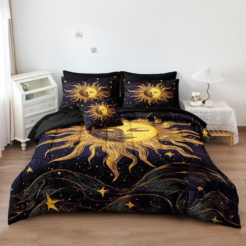 Purple Sun and Moon Comforter Set Queen Size 8 Pcs Bed in a Bag Galaxy Celestial Bedding Set Bohemian Occult Crescent Solar Stars Bedding Comforter Set
