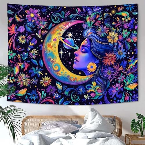 Purple Sun and Moon Tapestry for Bedroom Hippie Boho Floral Flower Plant Wall Tapestry Aesthetic Celestial Star Large Tapestries Wall Hanging for Living Room Dorm 80 x 60 Inch