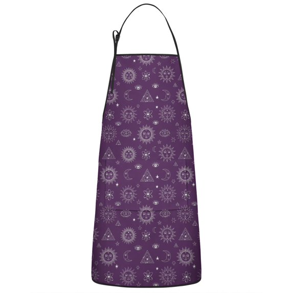 Purple Sun Moon Triangle Pattern Apron-Garden Aprons for Women with Pockets-Cotton Linen Waterproof Kitchen Cooking Gardening Aprons Adjustable for Kitchen,Cooking,BBQ and Salon 33x27 Inch