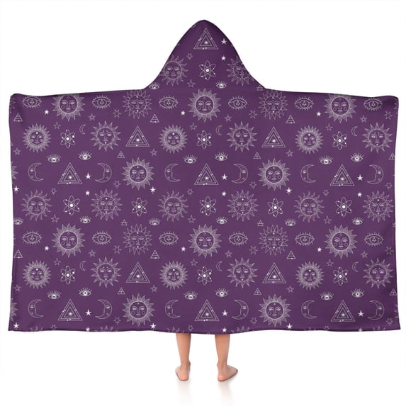 Purple Sun Moon Triangle Pattern Hooded Bath Towel,50"x30" for Ages 3 To 12 Kids, Quick Dry Lightweight Soft Microfiber Hood Beach Towel Cover Up for Kids