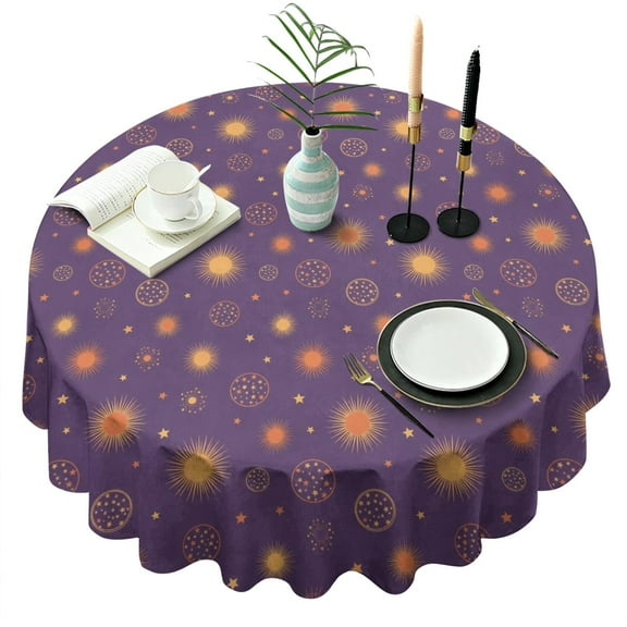 Purple Sun Star Circle Pattern Round Tablecloth 60"x60",Wrinkle Wipeable Table Cloth for Kitchen Dining Room Picnic Patio Party