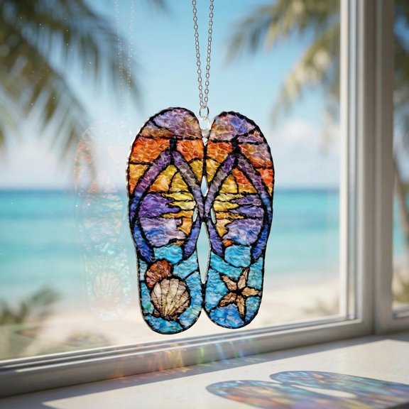 Purple Sunset Beach Flip Flops 2D Flat Acrylic Sun Catcher - Decorative | Seashell Starfish | Summer Window Hanging | Ocean Lover Gift | Home Decor