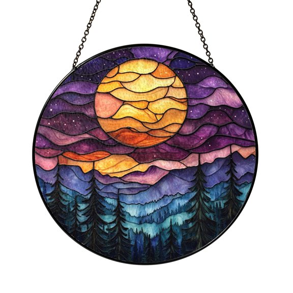 Purple Sunset Forest Scene Stained Glass Style Suncatcher Window Hanging Decor, Landscape Decorative Glass Panel Art Window Ornament