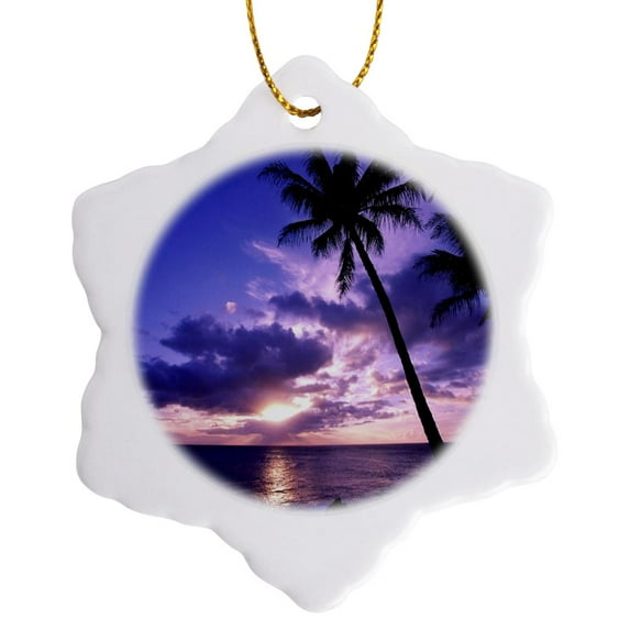 3drose, Purple Sunset in Tahiti, 3 inch Snowflake Porcelain Ornament