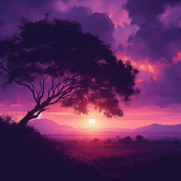 Purple Sunset with Tree Photography - 12" x 18" Art Print Wall Decor