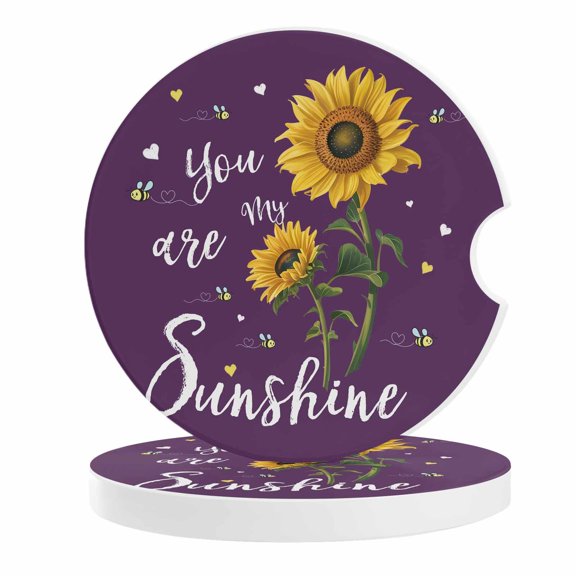 Purple Sunshine Sunflower Car Coasters for Cup Holders Set of 2 Absorbent, 2.56" Ceramic Drinks Cupholder Coasters with Finger Notch Pastoral Bees Farmhouse Floral Auto Interior Accessories for Women