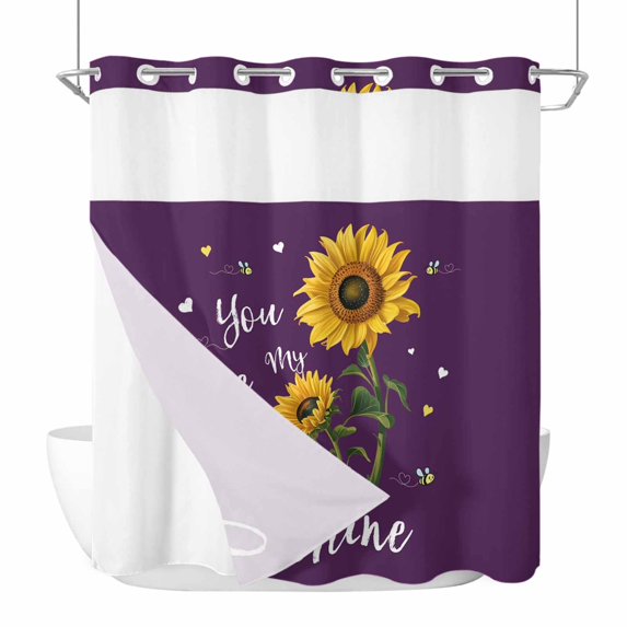 Purple Sunshine Sunflower No Hook Shower Curtain Waterproof,Bathroom Curtains with Snap in Liners and See Through Top Window,Pastoral Bees Farmhouse Floral Hotel Bathtub Curtains Shower 72"Wx78"L