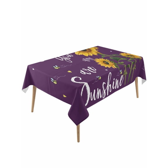 Purple Sunshine Sunflower Table Cloth, Waterproof Tablecloth for Rectangle Tables, Pastoral Bees Farmhouse Floral Reusable Washable Fabric Table Cover for Restaurant Kitchen Dining Tables 60"x120"