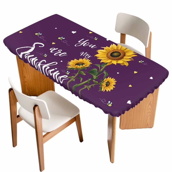 Purple Sunshine Sunflower Table Cloths for 4 Foot Rectangle Tables, Pastoral Bees Farmhouse Floral Patio Waterproof Elastic Fitted Tablecloths, Washable Rectangular Table Cover for Camping
