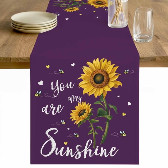 Purple Sunshine Sunflower Table Runner 36 Inches Long Farmhouse Dress Scarves, Pastoral Bees Farmhouse Floral Dining Tablerunner for Coffee Table/Kitchen Island/Party Décor, Small 13" x 36"