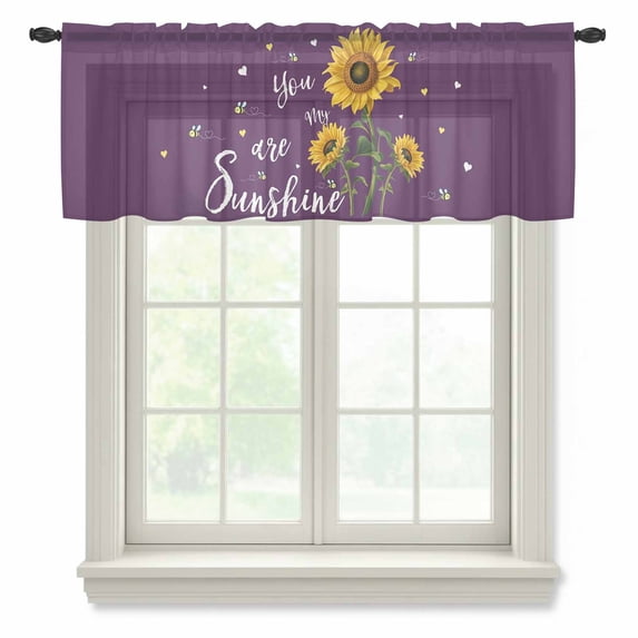 Purple Sunshine Sunflower Valance Curtains for Kitchen/Living Room/Bathroom/Bedroom Window, Rod Pocket Small Topper Half Short Window Curtains Sheer Scarf, Pastoral Bees Farmhouse Floral 54"x18"