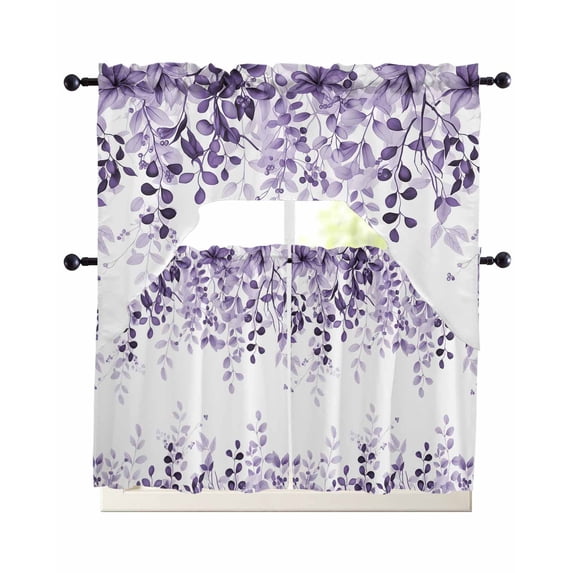 Purple Swag Kitchen Curtains Sets for Windows 24 Inch Length, Eucalyptus Leaves Short Window Curtain Panels Swags Valances and Tiers 3 Piece Set for Cafe/Dining Room