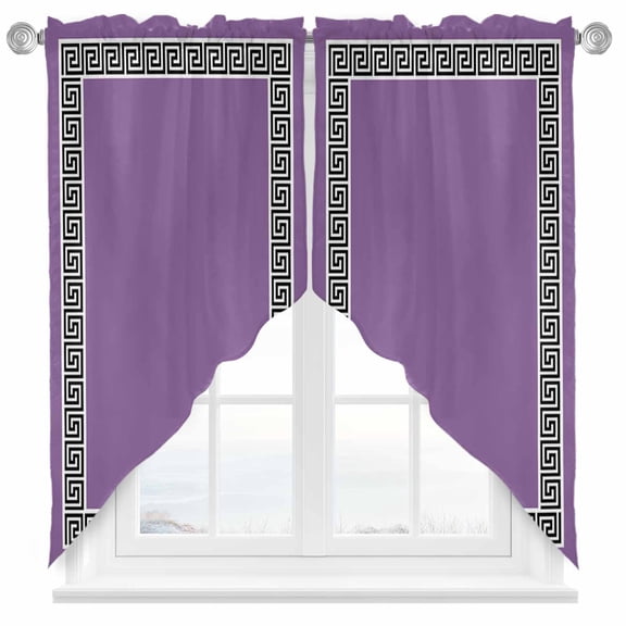 Purple Swag Valances for Windows 2 Pack Greek Chinese Style Border Geometric Swag Kitchen Curtains 36 Inches Long Rod Pocket Short Window Treatment for Kitchen Bathroom 28"x36"