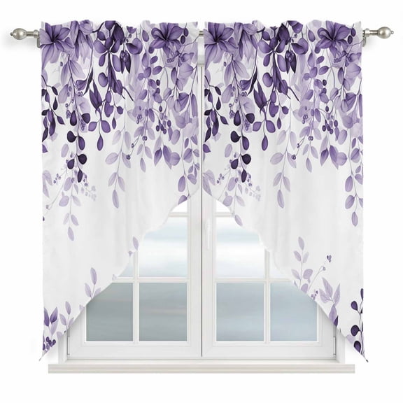 Purple Swag Valances for Windows, Kitchen Curtains 36 Inch Length 2 Panels Set, Eucalyptus Leaves Short Curtains for Small Windows Rod Pocket Cafe Curtains Drapes 28"x36"