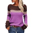 thumbnail image 1 of Purple Sweatshirt for Women's Casual Hook Temperament Top Europe and The United States Long Sleeve Knitted Striped Matching Color Crew Neck Sweater Pullover Top Women Fall Clothes, 1 of 4