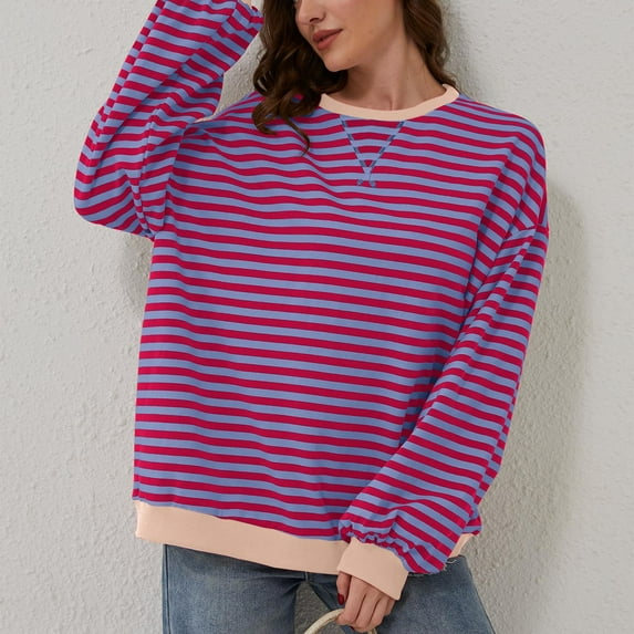Purple Sweatshirt for Women Oversized Striped Color Block Long Sleeve Crew Neck Sweatshirt Casual Loose Pullover Shirt Top Women Fall Clothes