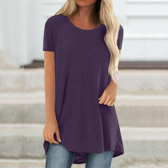 Purple T Shirts for Women's Spring and Summer Solid Color Rag Shoulder Long T Shirt Round Neck Loose Short Sleeved Pullover Top for Women Fashion Clothing