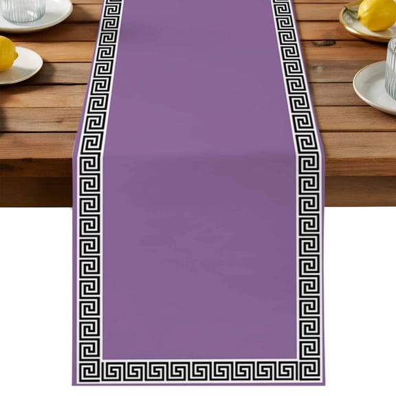 Purple Table Runner, Greek Chinese Style Cotton Linen Table Cloth, Border Geometric Tablerunner for Kitchen Dining Party Wedding Home Decor 13x60 Inch