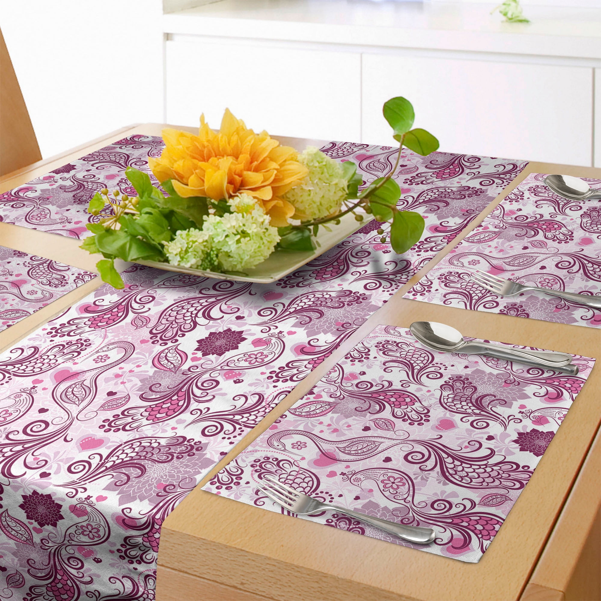 Purple Table Runner & Placemats, Scales Swirls and Hearts in Romantic