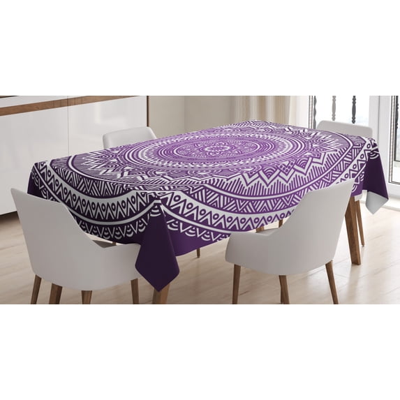 Purple Tablecloth, Ombre Mandala Art Print Bright Floral Pattern Boho Hippie Inspired Decorations, Rectangular Table Cover for Dining Room Kitchen, 52 X 70 Inches, Purple and White, by Ambesonne