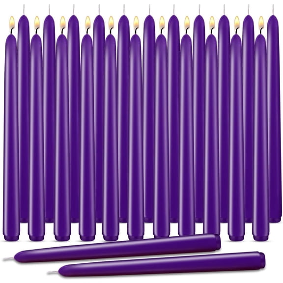Purple Taper Candles, Set of 24 Unscented and Smokeless 10 Inch Taper Candles Long Burning, Paraffin Wax with Cotton Wicks for Burning Approxinately 7-8 Hours Time