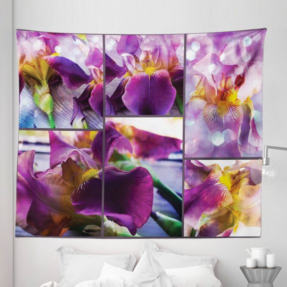 Purple Tapestry, Blooming Iris Flowers Orchids on Rustic Wood Natural Floral Beauty Romantic Image, Fabric Wall Hanging Decor for Bedroom Living Room Dorm, 5 Sizes, Yellow Purple, by Ambesonne