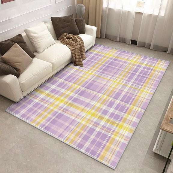 Purple Tartan Area Rug, Classic Plaid Gingham Pattern Indoor Carpet, Washable Non Slip Low Pile Soft Thin Rug for Living Room Bedroom Home Decor Mat 2x3ft