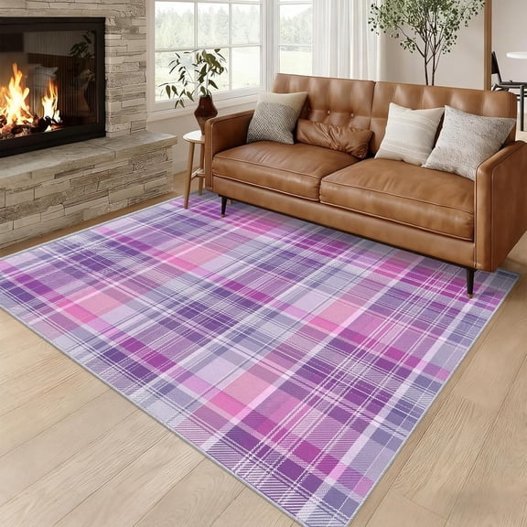 Purple Tartan Plaid Area Rug, Gingham Check Pattern Carpet, Washable Non Slip Low Pile Soft Thin, Living Room Bedroom Home Decor Mat 2x3ft
