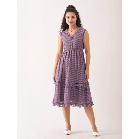 Purple Taupe Chiffon Brasso Swiss Dot V-Neck Dress