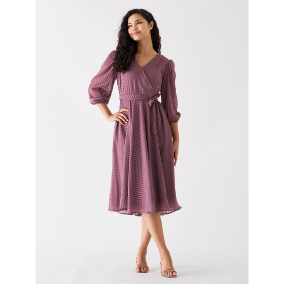 Purple Taupe Chiffon Brasso Swiss Dot V-Neck Dress