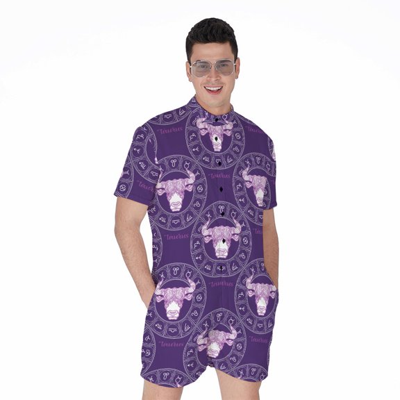 Purple Taurus Zodiac Pattern Short Sleeve Men'S Rompers, Zodiac Horoscope Casual Summer Jumpsuits Outfit