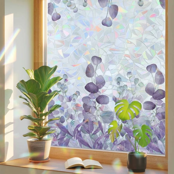 Purple Teal Botanical Privacy Window Film, Decorative Stained Glass Window Film, Watercolor Spring Eucalyptus Leaves Resuable Rainbow Static Cling for Home Bathroom Living Room Glass Door 17.7"x39.3"