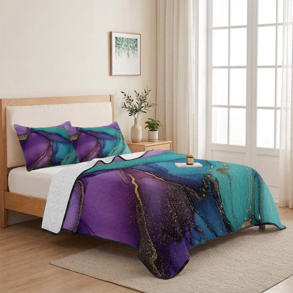 Purple Teal Gold Marble Texture 3 Pieces Quilt Set,1 Quilt with 2 Shams,Abstract Crack Ombre Art Bedspread Soft Lightweight Bedding Coverlet Comforter Set for All Season 68"x98"