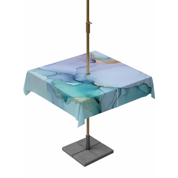 Purple Teal Golden Marble Outdoor Tablecloth with Umbrella Hole, Abstract Modern Geometric Spillproof Waterproof Outdoor Table Cover, Patio Tablecloths for Party/Garden/Picnic, Square 60"x60"