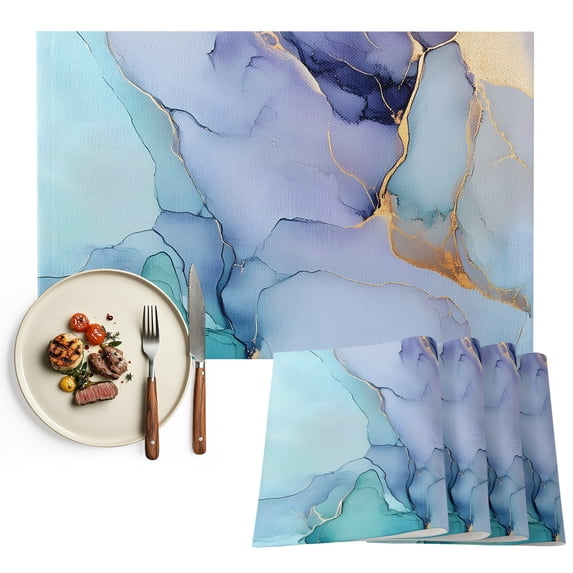 Purple Teal Golden Marble Placemats Set of 12, Abstract Modern Geometric Washable Wipeable Table Mats for Dining Tables, Indoor Outdoor Kitchen Place Mats for Holiday Party Table Decor
