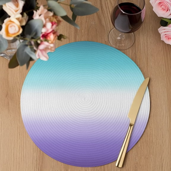 Purple Teal Gradient Round Braided Placemats Set of 2, Abstract Minimalist Modern Smooth Transition Heat Insulation Place Mats Washable Non-Slip Table Mats for Kitchen Dining Party, 13 Inches