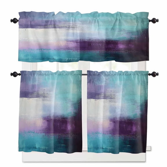 Purple Teal Kitchen Curtains and Valances Set, Mottled Graffiti Color Block Abstract Geometric Rod Pocket Window Valance Window Curtain Panels for Living Room Bedroom Laundry, 27.5x24in, 3 Pieces