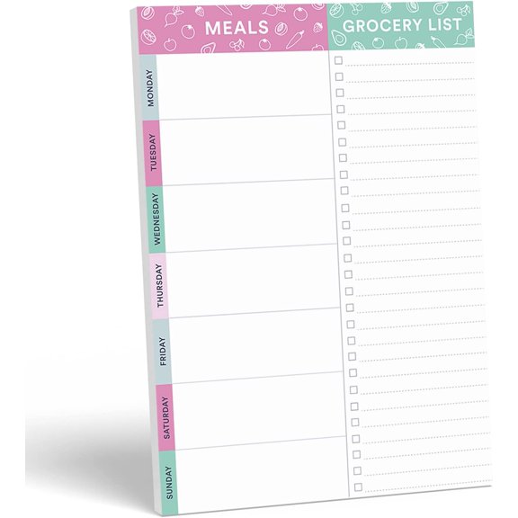 Purple/Teal Meal Planner Pad | 7x10 inch Notepad for Organized Weekly Daily Planning | -Off Grocery Checklist for Convenient Shopping | Notepads for Refrigerator Door