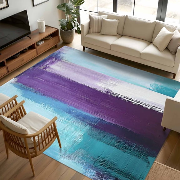 Purple Teal Ombre 5x7 Area Rugs, Abstract Modern Oil Painting Gradient Non-Skid Rubber Backing Large Rectangle Rugs - Living Room Bedroom Home Office, Indoor Floor Mat Carpets Washable Rug